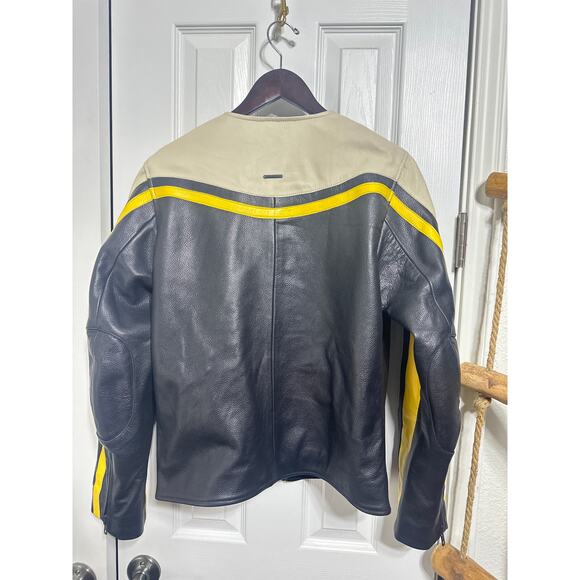 Deadwood Revolve Women Racer Leather Jacket Moto Biker Bright Black White Yellow - Picture 7 of 8